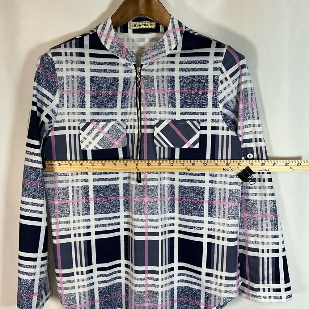 Moyabo Blouse Size M Navy and Pink Plaid Front Zip Button tab Sleeves - Picture 7 of 9